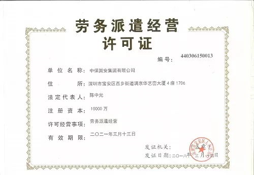 中保国安集团劳务派遣许可证
